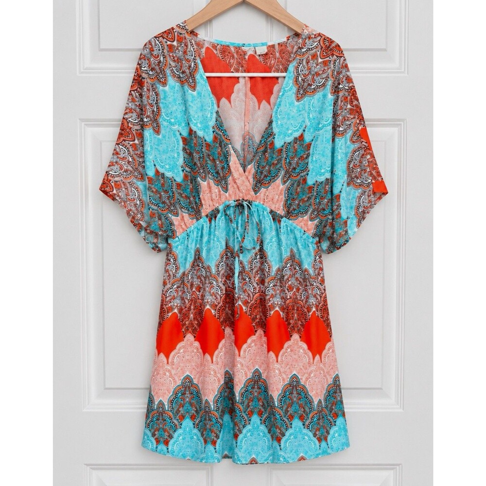 Allison Brittney Women’s Boho Paisley Kimono Sleeve Short Dress Size L Rayon